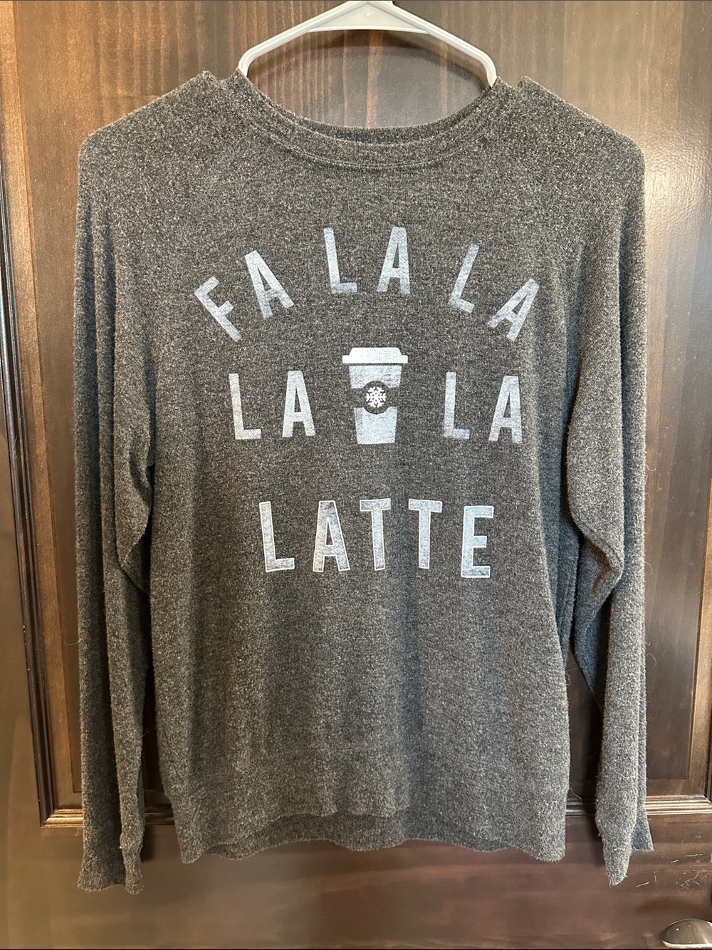 Fifth Sun Women’s Charcoal Crewneck Long Sleeve with 'Fa La La Latte' Graphic 🎄